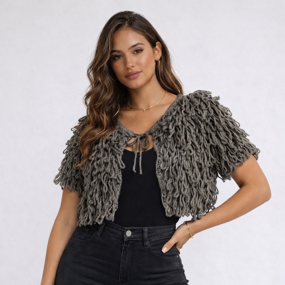 Hot & Delicious Shag Loop Yarn Textured Knit Cardigan M/L Boho Festival Gray Y2K